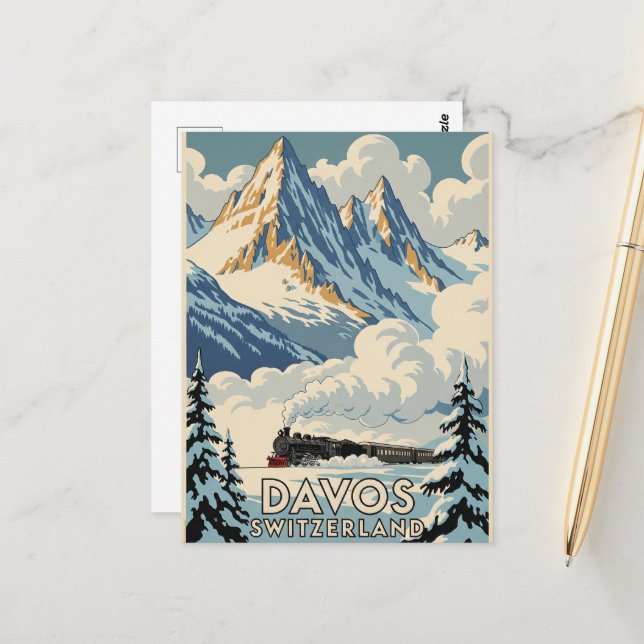 Davos Switzerland Train Travel Art Vintage  Postcard (Front/Back In Situ)