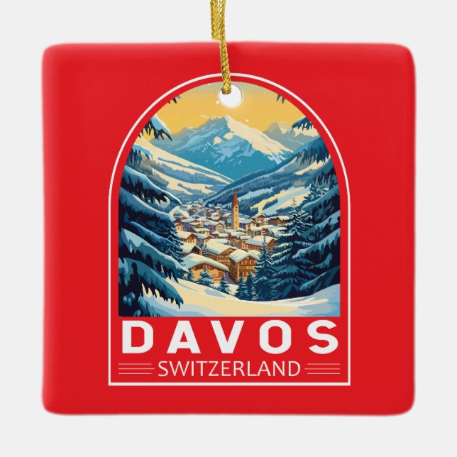 Davos Switzerland Travel Art Emblem Ceramic Ornament (Front)