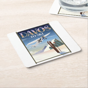 Davos Switzerland travel poster Square Paper Coaster