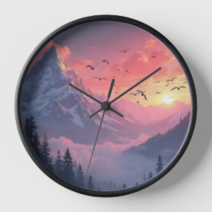 Dawn Journey: Misty Peaks Clock