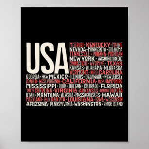 Day 4th July Usa Flag America State Map Names  Poster