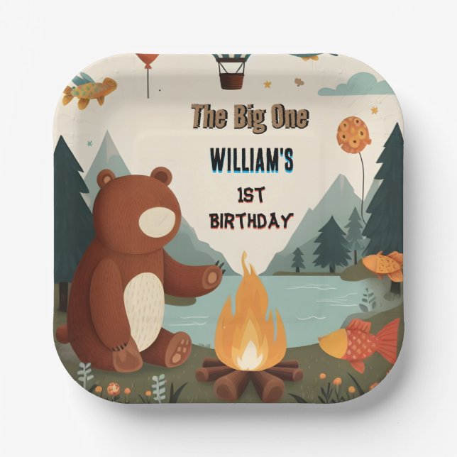 Day Brown Fun Fish Boy Cute Baby Bear 1st Birthday Paper Plate (Front)