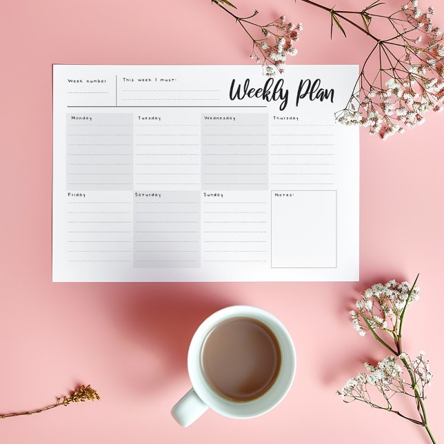 Day by day, week view Organizer Notepad (Minimalist weekly planner pad with black script header, daily sections, and notes box.)