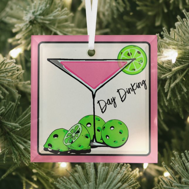 Day Dinking Cosmo Pink Cocktail, Pickleball Limes Glass Ornament (Insitu)