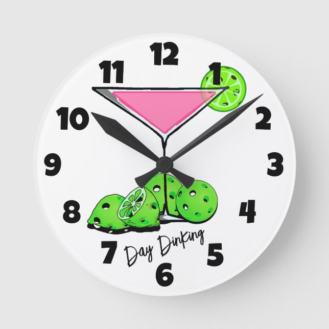 Day Dinking Cosmo Pink Cocktail, Pickleball Limes Round Clock (Front)