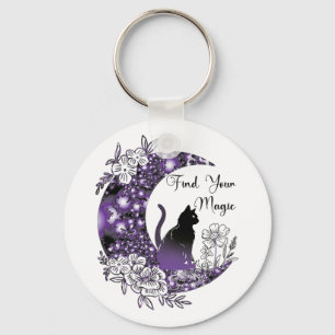 Day Graphic Mystical Celestial Black Cat Moon Keychain