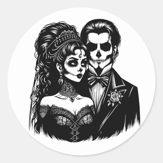  day of dead Art Skeleton goth Bride And Groom  Classic Round Sticker (Front)