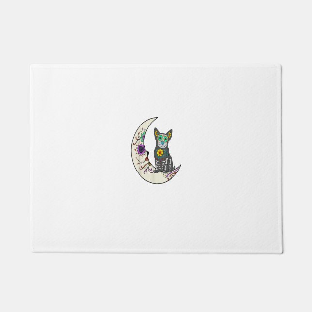 Day Of Dead Dog On Moon Dog Lover Dogg Sugar Skull Doormat (Front)