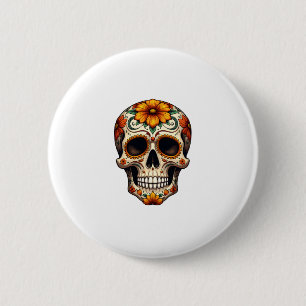 Day Of Dead Sugar Skull Floral Skeleton Head Bone 2 Inch Round Button