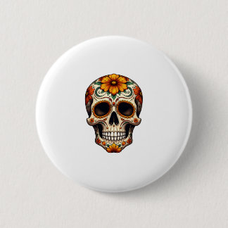 Day Of Dead Sugar Skull Floral Skeleton Head Bone  2 Inch Round Button