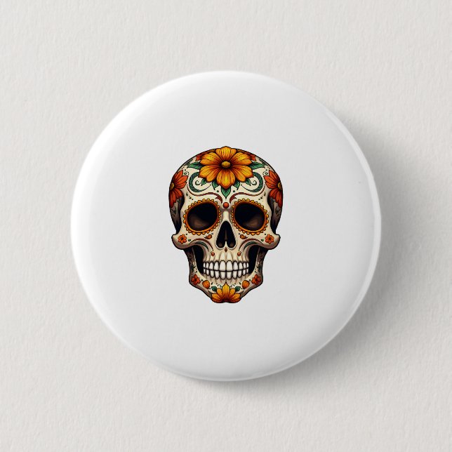 Day Of Dead Sugar Skull Floral Skeleton Head Bone  2 Inch Round Button (Front)