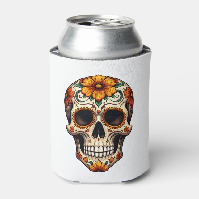 Day Of Dead Sugar Skull Floral Skeleton Head Bone  Can Cooler (Can Front)