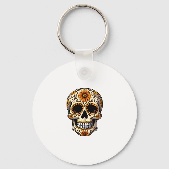 Day Of Dead Sugar Skull Floral Skeleton Head Bone  Keychain (Front)