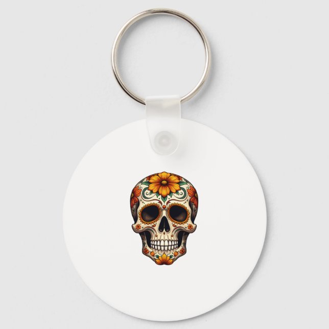 Day Of Dead Sugar Skull Floral Skeleton Head Bone  Keychain (Front)