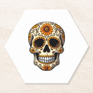 Day Of Dead Sugar Skull Floral Skeleton Head Bone Paper Coaster