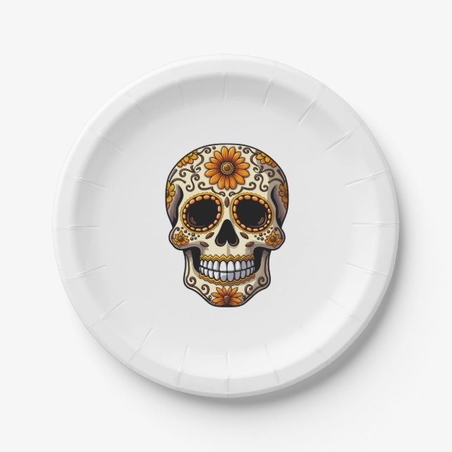 Day Of Dead Sugar Skull Floral Skeleton Head Bone  Paper Plate (Front)