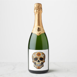 Day Of Dead Sugar Skull Floral Skeleton Head Bone  Sparkling Wine Label