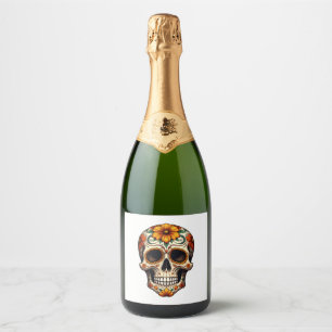 Day Of Dead Sugar Skull Floral Skeleton Head Bone Sparkling Wine Label