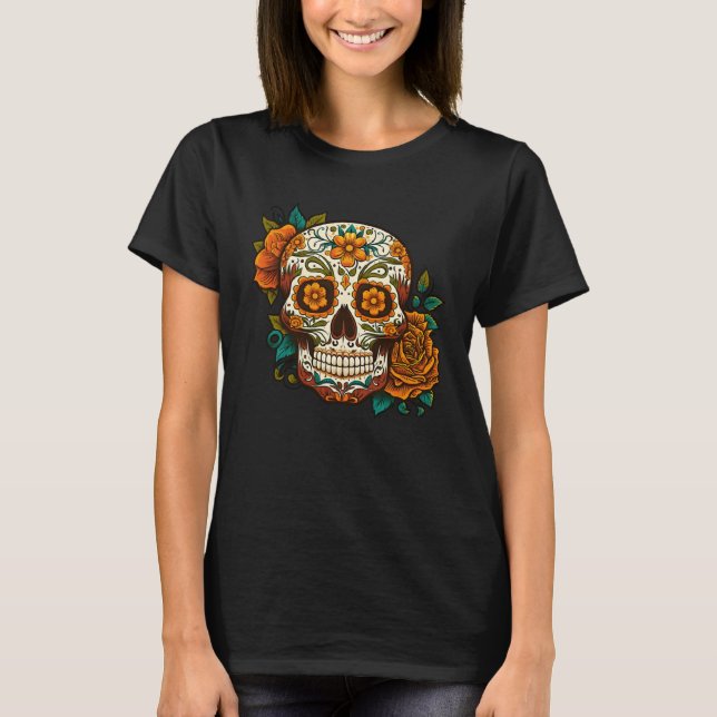 Day Of Dead Sugar Skull Floral Skeleton Head Bone  T-Shirt (Front)