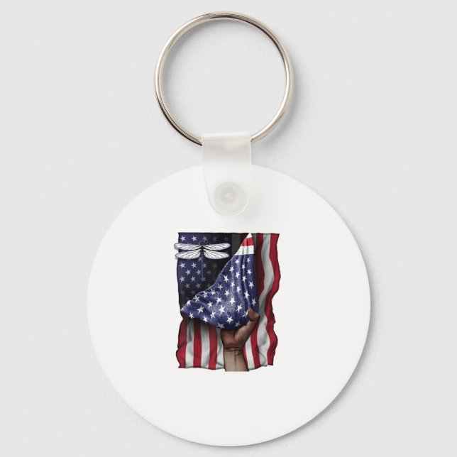 Day Of Independence US Flag Dragonfly T-Shirt Keychain (Front)