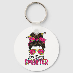 Day Of School 100 Days Smarter Teacher Messy Bun Keychain