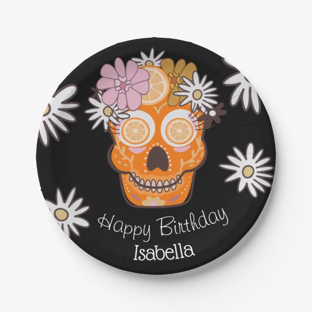 Day of the dead Birthday Sugar Skull Paper Plates (Front)