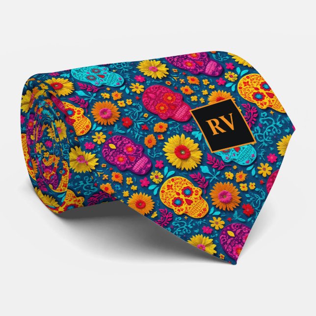 Day of the Dead Bright Sugar Skulls and Marigolds Tie (Rolled)
