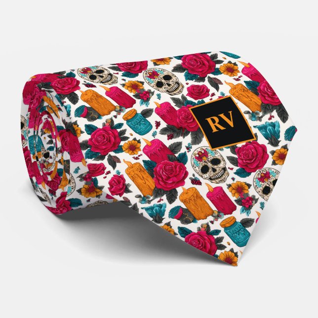 Day of the Dead Candles, Roses and Sugar Skulls Tie (Rolled)