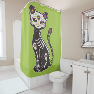 Day of The Dead Cat on Green Shower Curtain