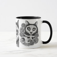 Day of the Dead Cat Skull Sugar Roses Art Mug