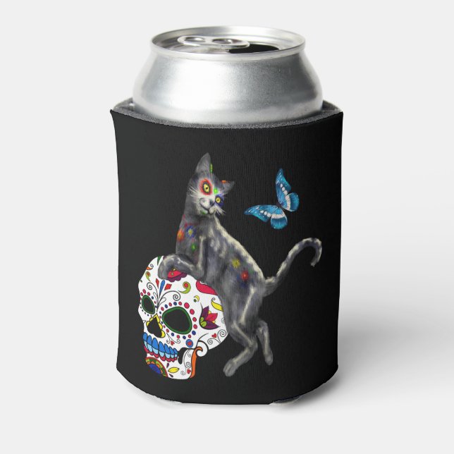 Day Of The Dead Cat Sugar Skull And Butterfly Can Cooler (Can Back)