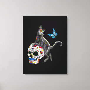 Day Of The Dead Cat Sugar Skull And Butterfly Canvas Print