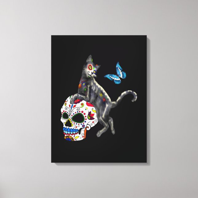 Day Of The Dead Cat Sugar Skull And Butterfly Canvas Print (Front)
