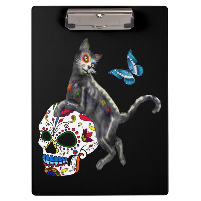 Day Of The Dead Cat Sugar Skull And Butterfly Clipboard (Front)