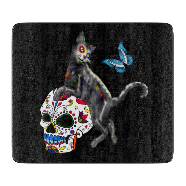 Day Of The Dead Cat Sugar Skull And Butterfly Cutting Board (Front)