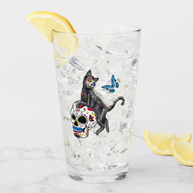 Day Of The Dead Cat Sugar Skull And Butterfly Glass (Front Ice)