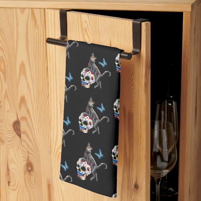 Day Of The Dead Cat Sugar Skull And Butterfly Kitchen Towel (Thirds Fold)