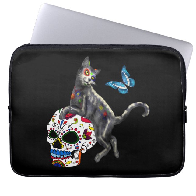Day Of The Dead Cat Sugar Skull And Butterfly Laptop Sleeve (Front)