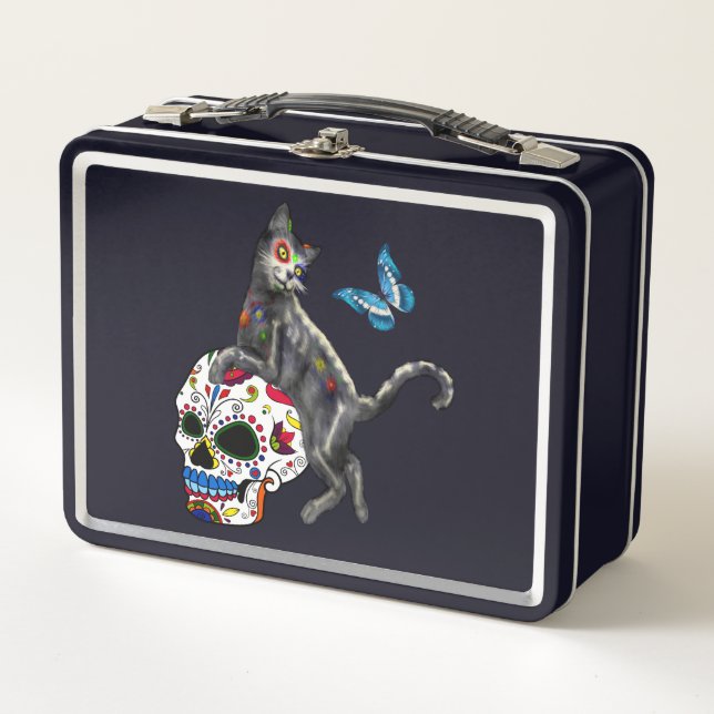 Day Of The Dead Cat Sugar Skull And Butterfly Metal Lunch Box (Front)
