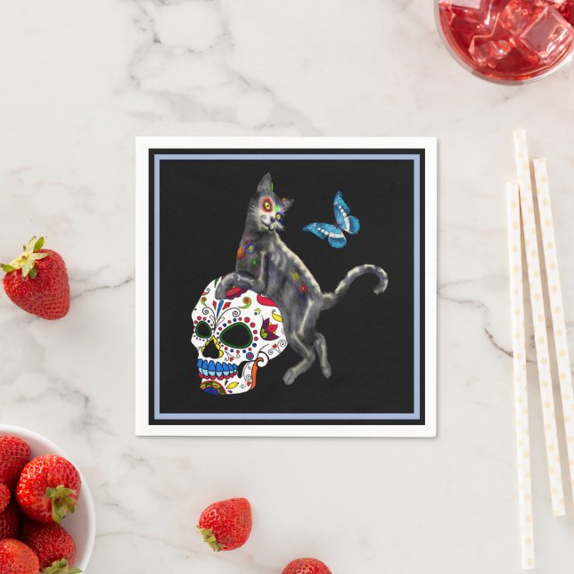 Day Of The Dead Cat Sugar Skull And Butterfly Napkin (Insitu)