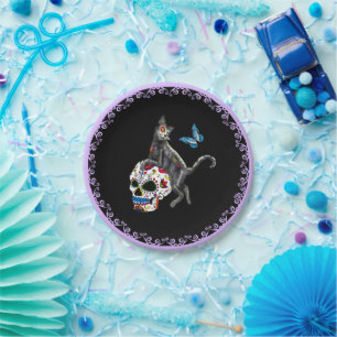 Day Of The Dead Cat Sugar Skull And Butterfly Paper Plate