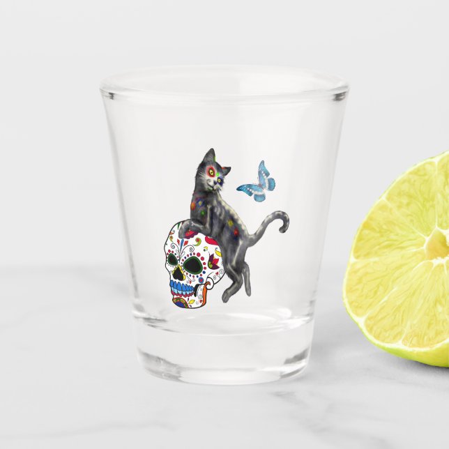 Day Of The Dead Cat Sugar Skull And Butterfly Shot Glass (Front)