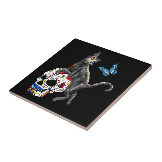 Day Of The Dead Cat Sugar Skull And Butterfly Tile (Side)