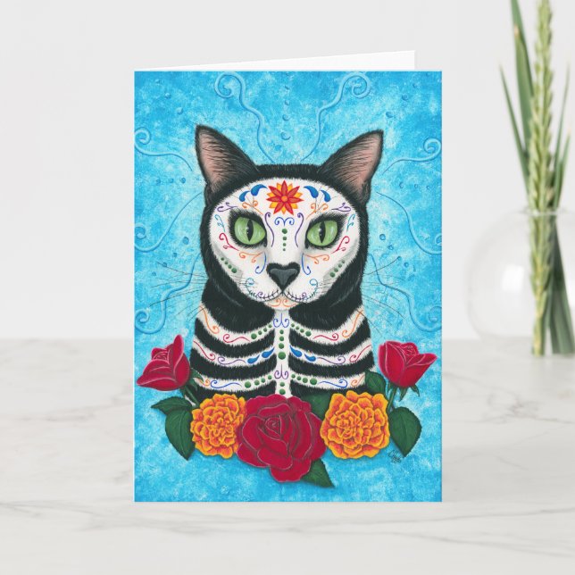 Day of the Dead Cat Sugar Skull Art Card (Front)