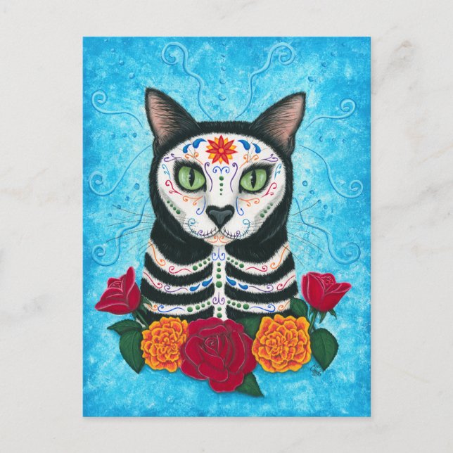 Day of the Dead Cat Sugar Skull Art Postcard (Front)