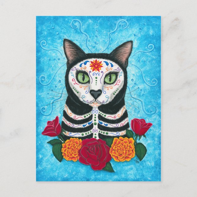 Day of the Dead Cat Sugar Skull Cat Art  Postcard (Front)