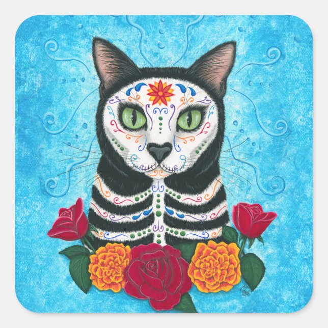 Day of the Dead Cat Sugar Skull Cat Art Square Sticker (Front)