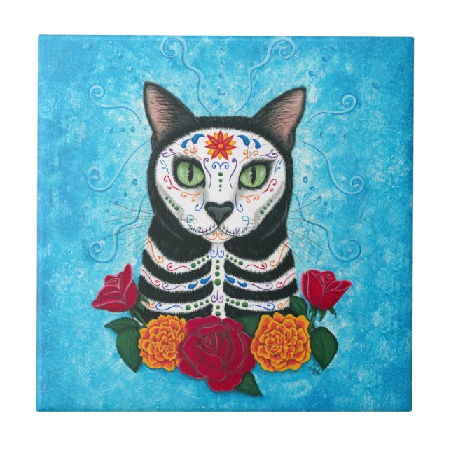 Day of the Dead Cat Sugar Skull Cat Art Tile (Front)