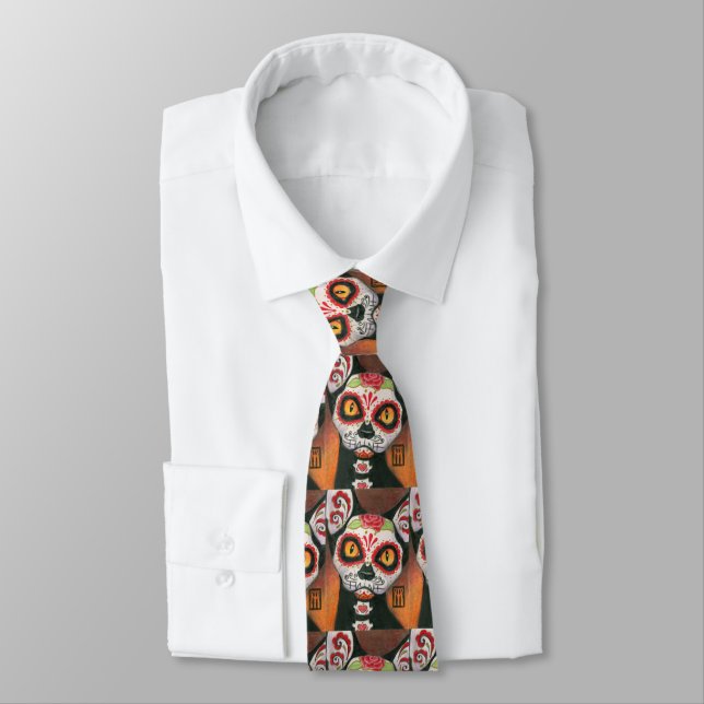 Day of the Dead Cat Sugar Skull Tie (Tied)