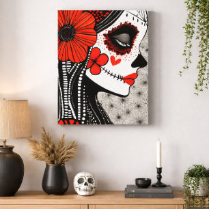 Day of the Dead Catrina Red Black Gothic Floral Canvas Print